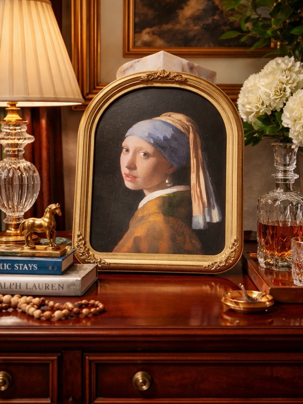 11x14” Girl with Pearl Earring by Johannes Vermeer w/ Arxhed glittery gold frame